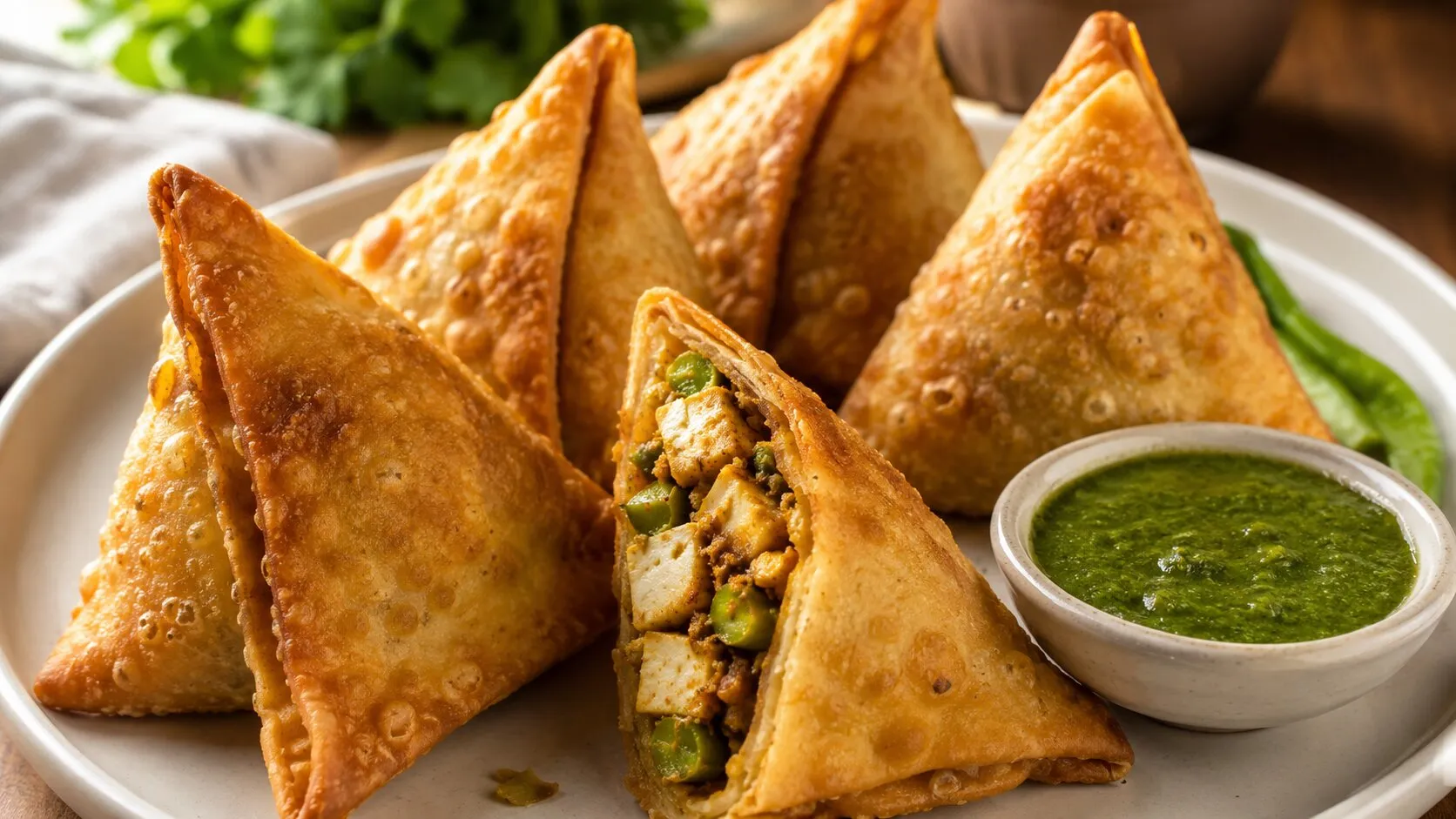 Crispy Paneer Samosa with Green Chutney Crispy Paneer Samosa with Green Chutney