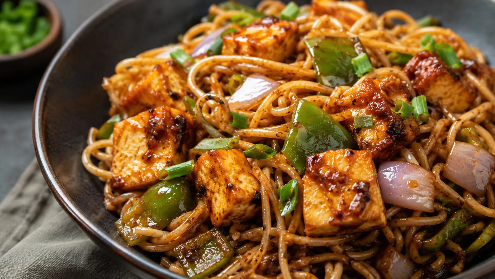 Indo-Chinese Chilli Paneer Hakka Noodles