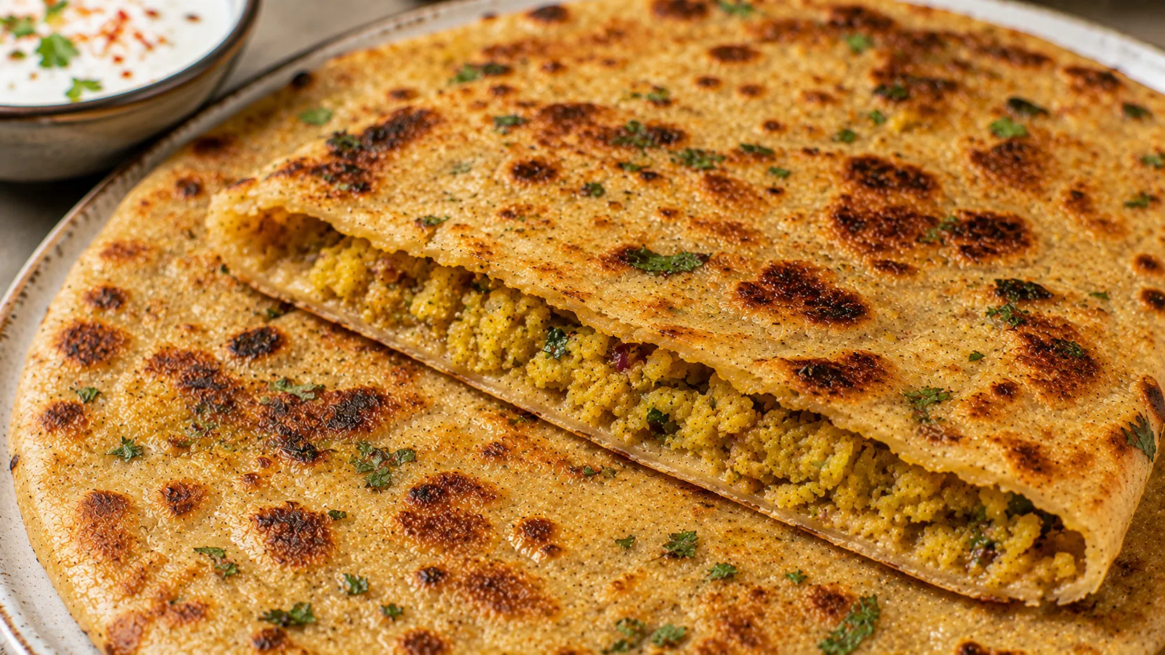 Spicy Moong Dal Paratha with Garlic Raita